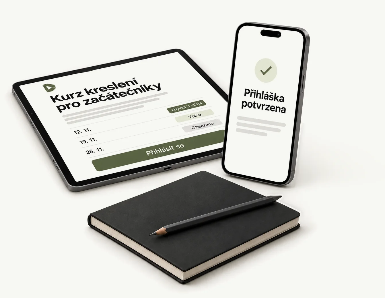 Ukázka přihlášky na kurz v tabletu a potvrzení přihlášky v telefonu.